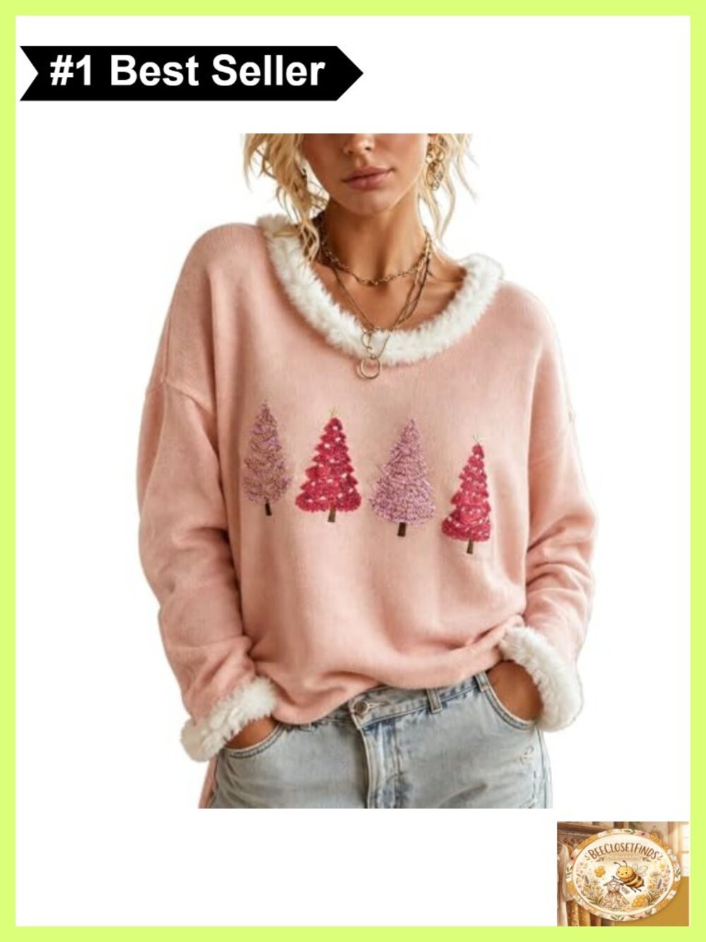 Fuzzy Trim Crew Neck Christmas Tree Sweater Cotton Knit Pullover